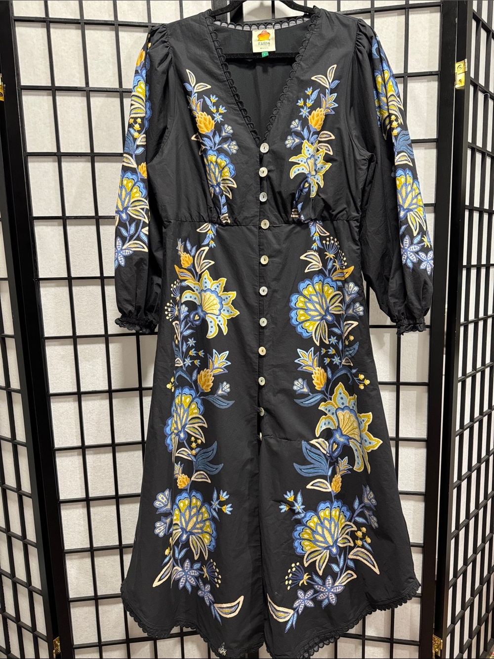 FARM Rio Black Stitched Garden Organic Cotton Midi Dress Size L - Picture 5 of 14